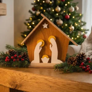 Creche de Noel artisanale en bois style epure avec silhouettes de la Sainte Famille et decoration de pin sur cheminee