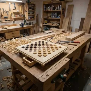 Jeu de dames artisanal sur pieds en bois avec marqueterie de frêne et noyer.