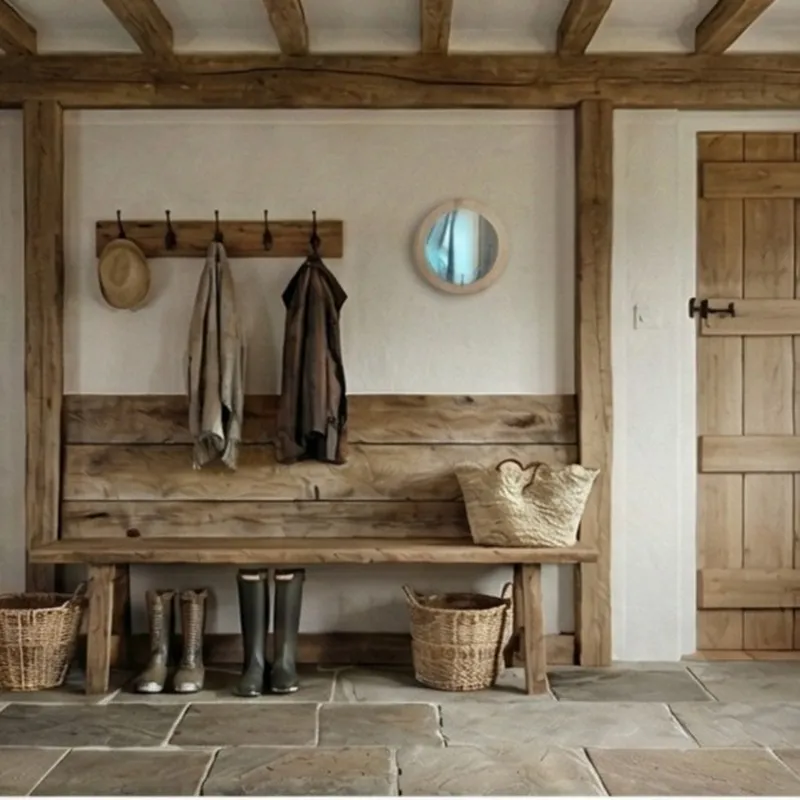 Petit miroir rond en bois suspendu dans une entrée au style scandinave.